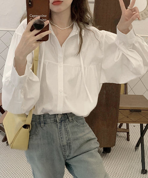 フリル衿ブラウス 長袖タックシャツ韓国風 大人可愛い ボリューム袖シャツ レディースおしゃれ キレイめトップス リボンブラウス ゆったり 体型カバー春秋服 着やせ 1SUYUZI-007